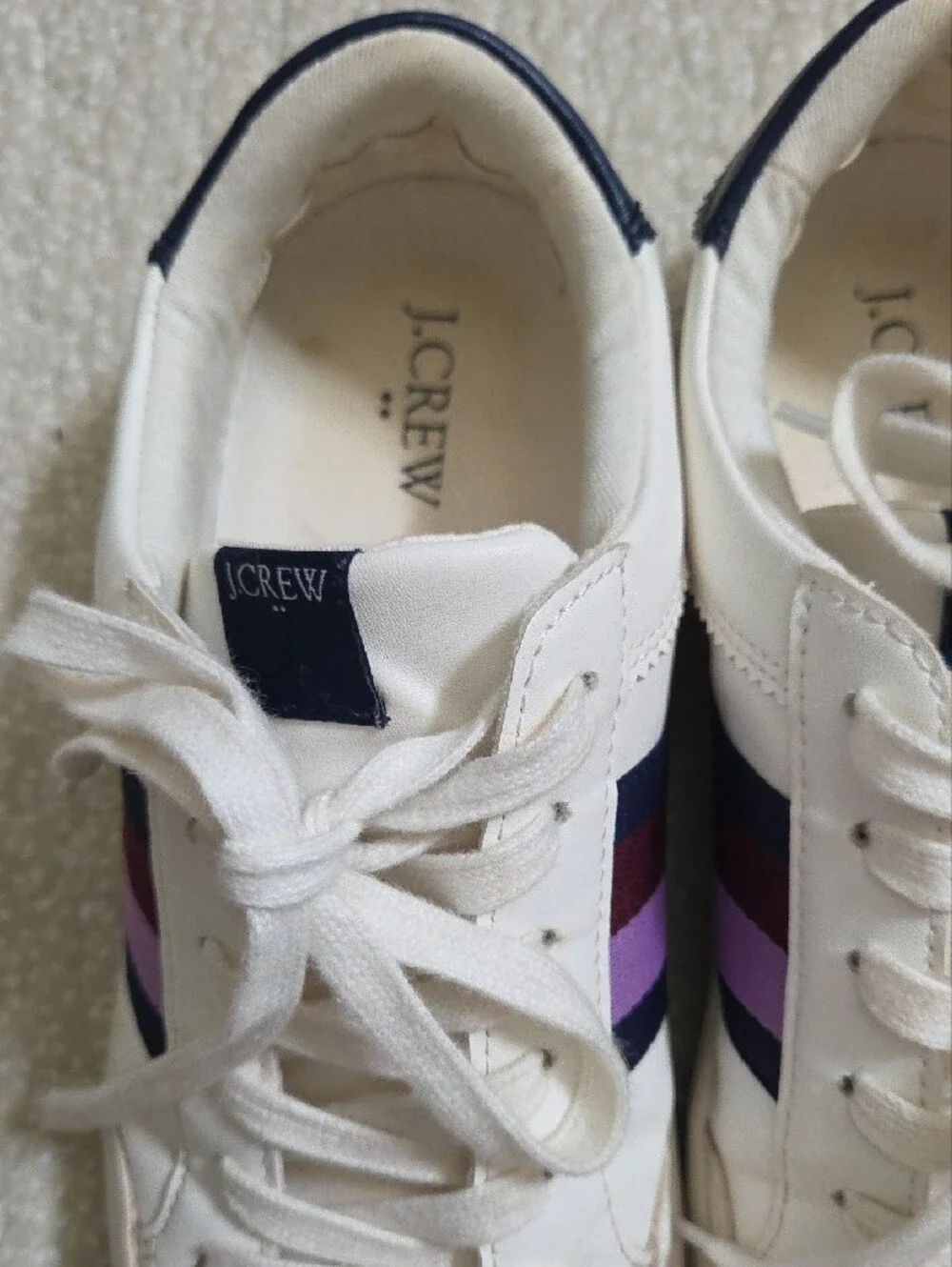 J. Crew White Leather Sneakers with Navy & Purple Stripe Accents 9.5